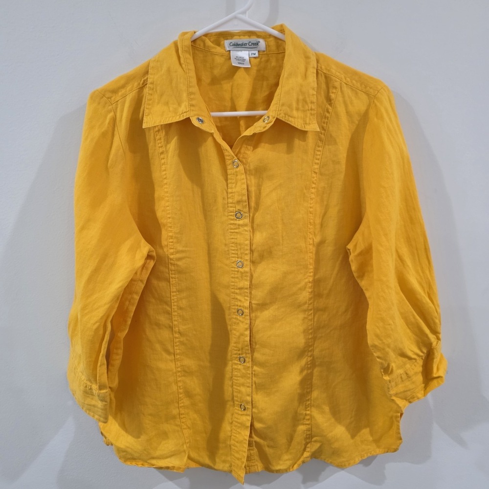 Coldwater Creek Womens Linen Top Size Petite Medium Yellow Coastal Euro Summer